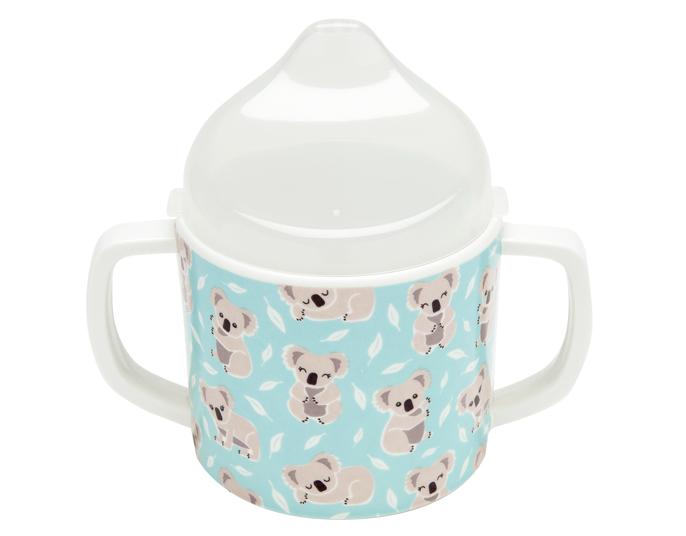 sippy cup with light blue background and koalas and eucalyptus leaves on it.