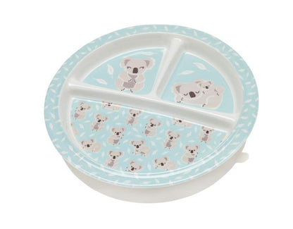divided plate with light blue background and koalas and eucalyptus leaves on it.