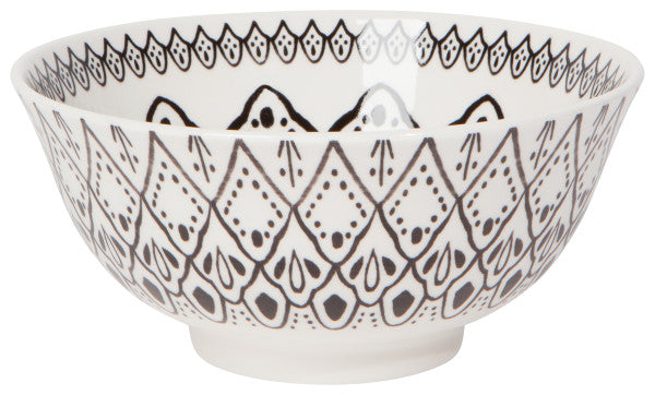 white ceramic bowl with black geometric patterns.