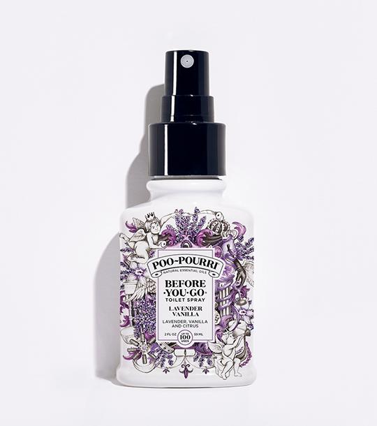 lavender vanilla spray bottle with a black lid on a white background