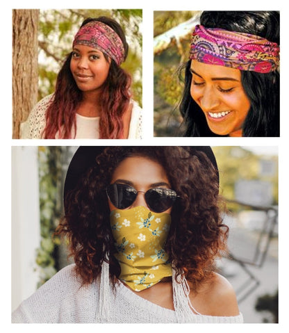 three illustrations of women wearing the wide headbands