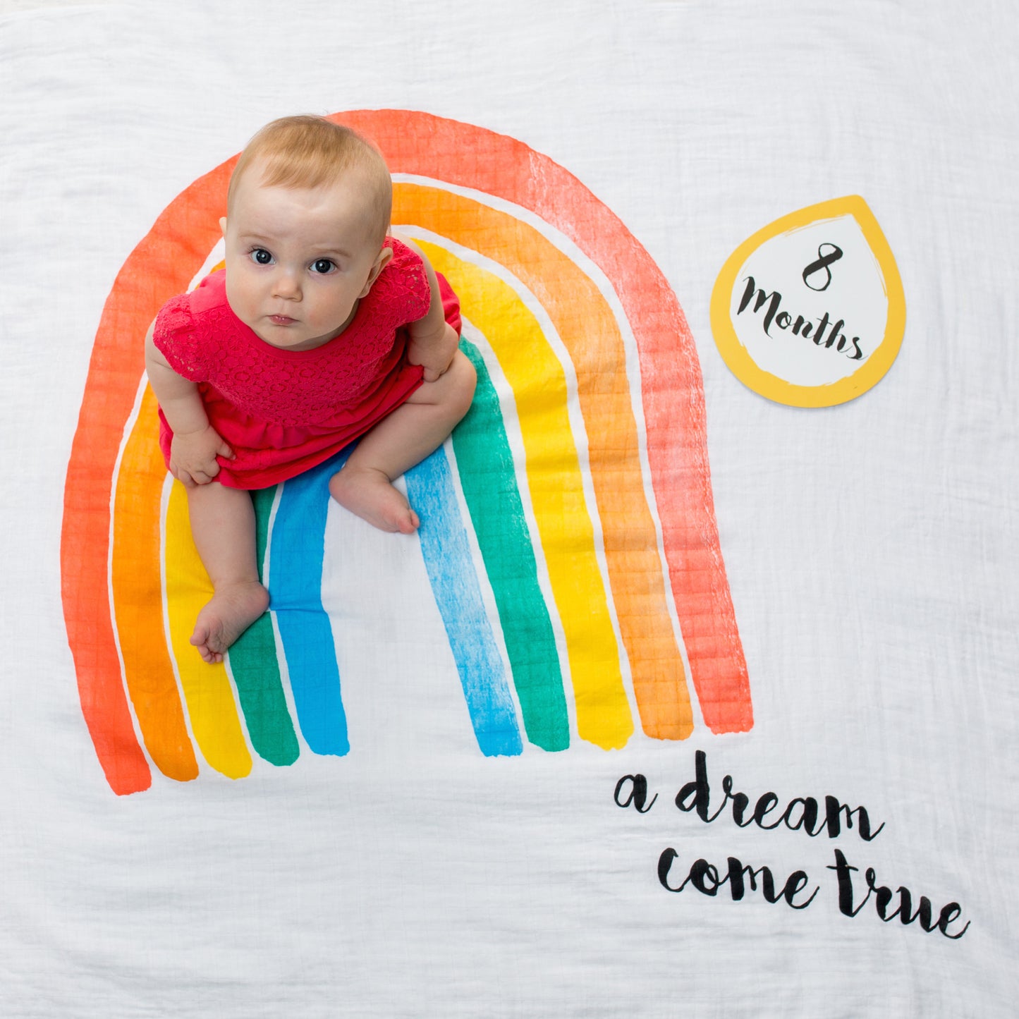 a little girl sitting on the dream come true baby's first year blanket