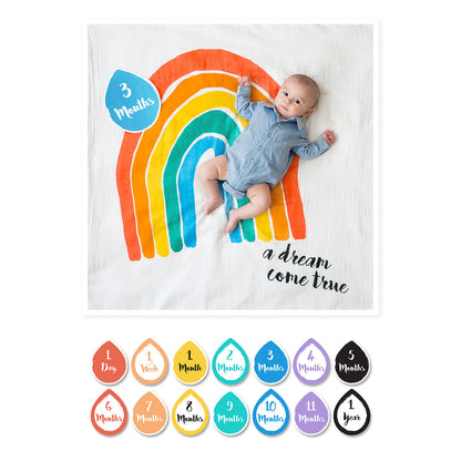 picture of a baby lying on the dream come true baby's first year blanket with fourteen milestone cards displayed below on a white background