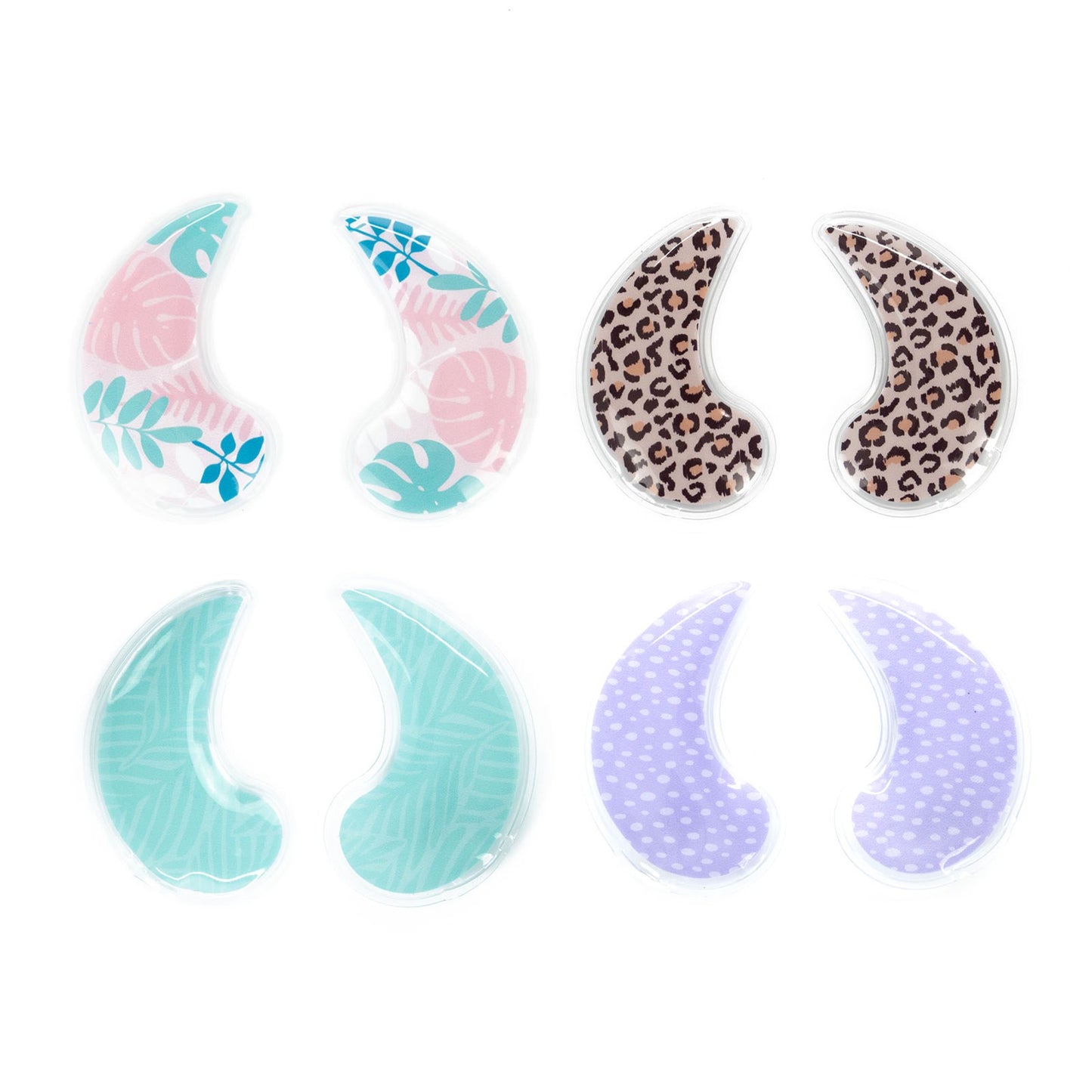 four different patterned gel eye pads on a white background