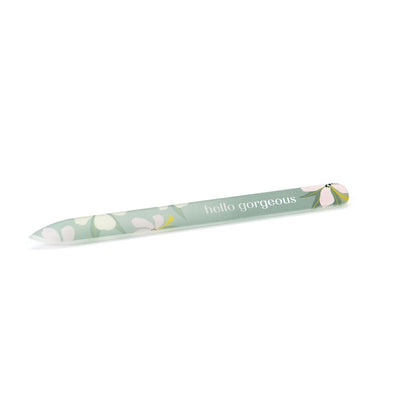 hello gorgeous glass nail file on a white background