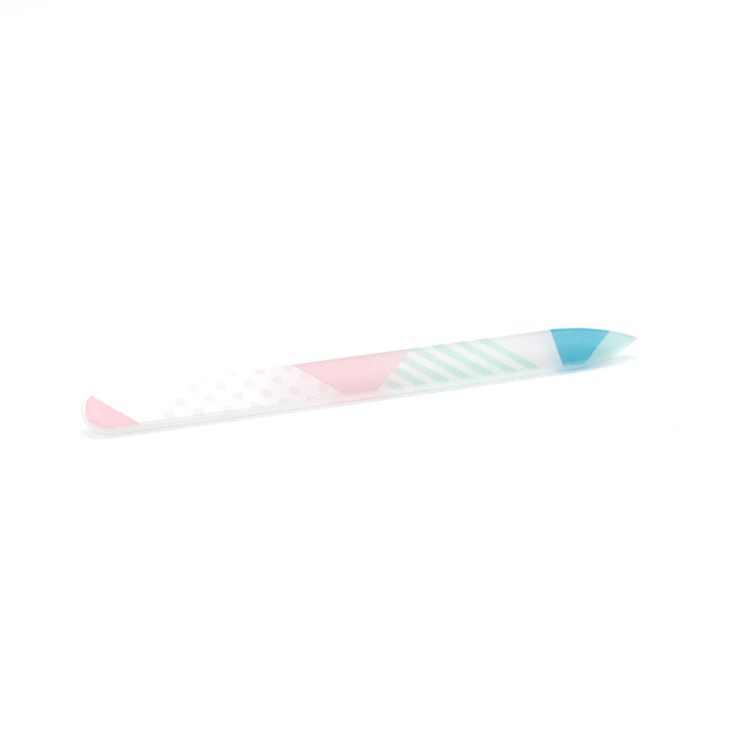 pink and blue glass nail file on a white background