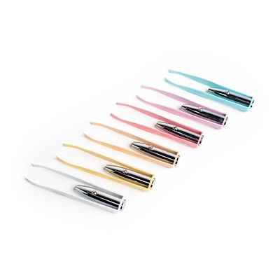 row of colorful tweezers with lights on them.