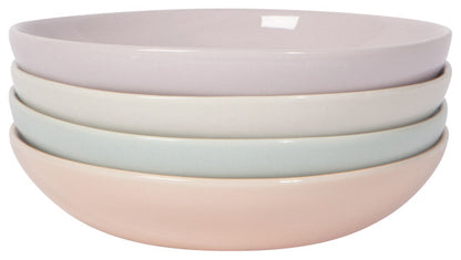 stack of 4 dishes, colors include pale pink, pale blue, cream, and pink.