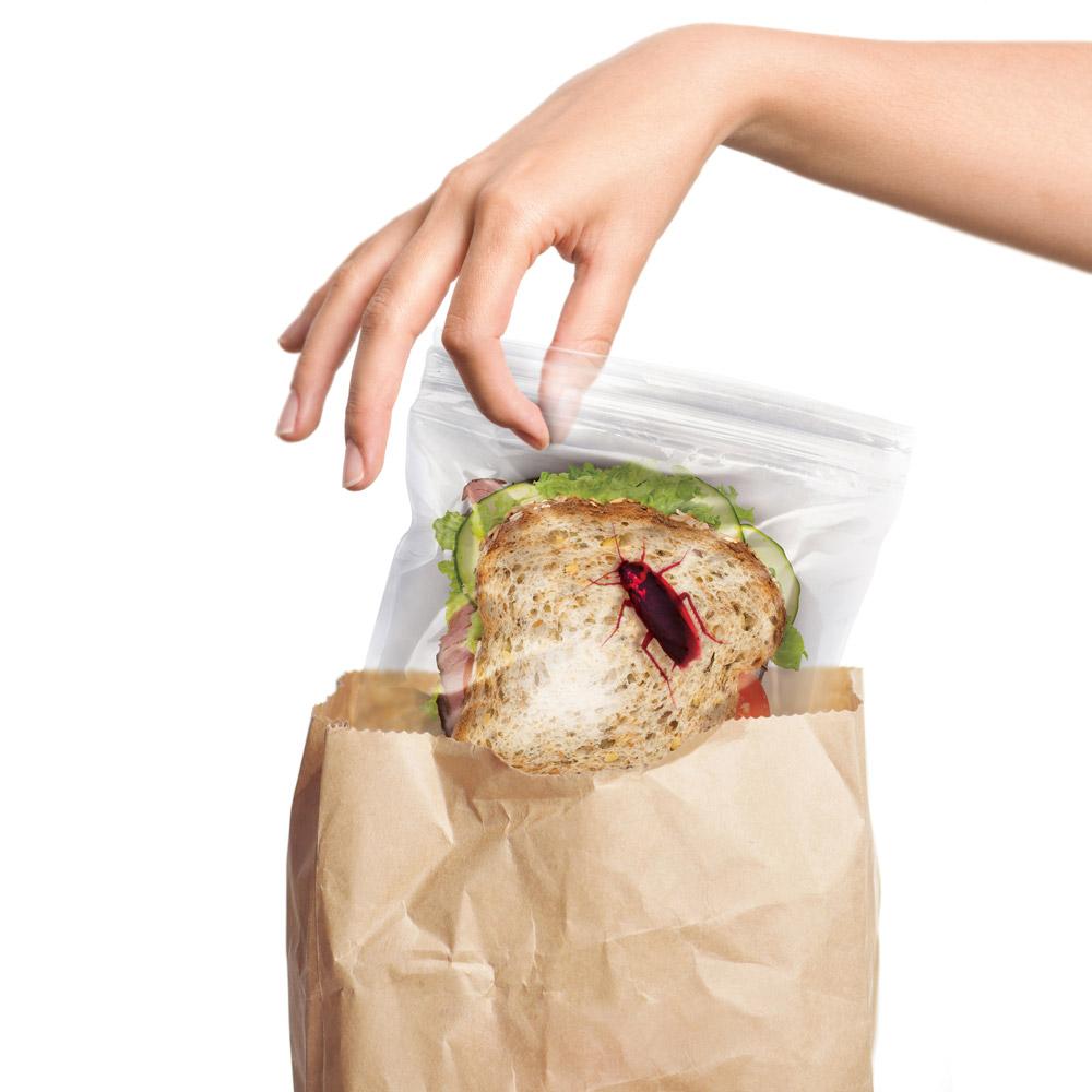 a woman placing the lunch bug bag into a paper lunch bag on a white background