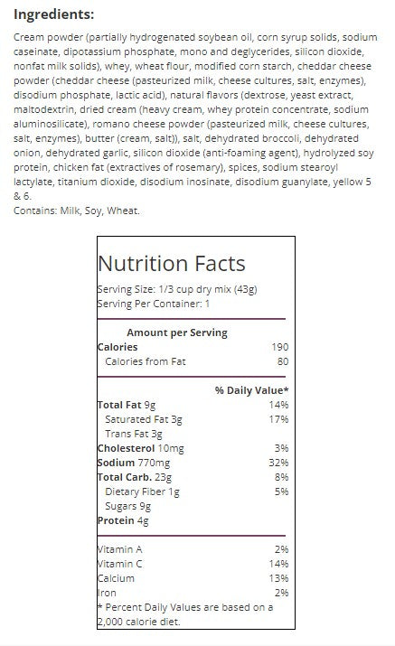 Nutrition facts and ingredient list. For more information call 501-327-2182.