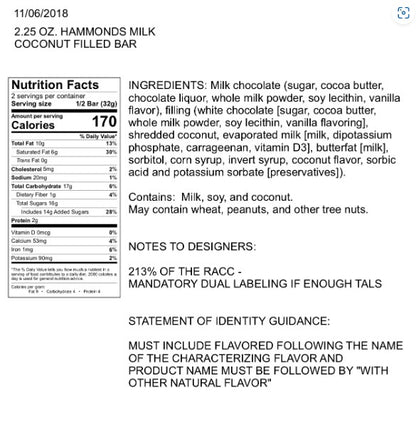 Nutrition facts and ingredient list. For more information call 501-327-2182.