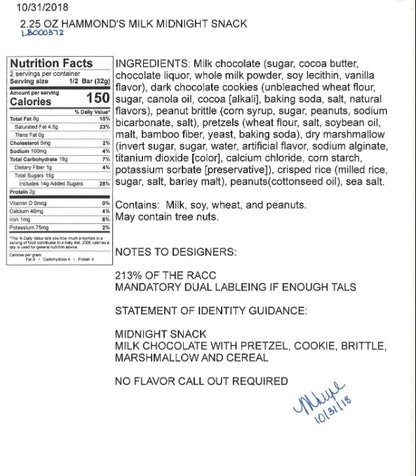 Nutrition facts and ingredient list. For more information call 501-327-2182.