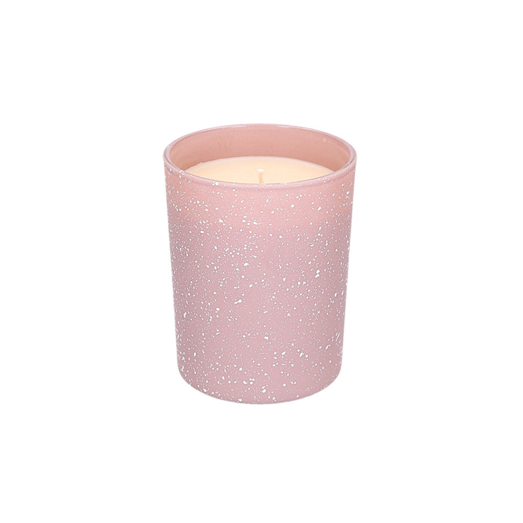sweet grace frosted pink and speckled candle displayed on a white background