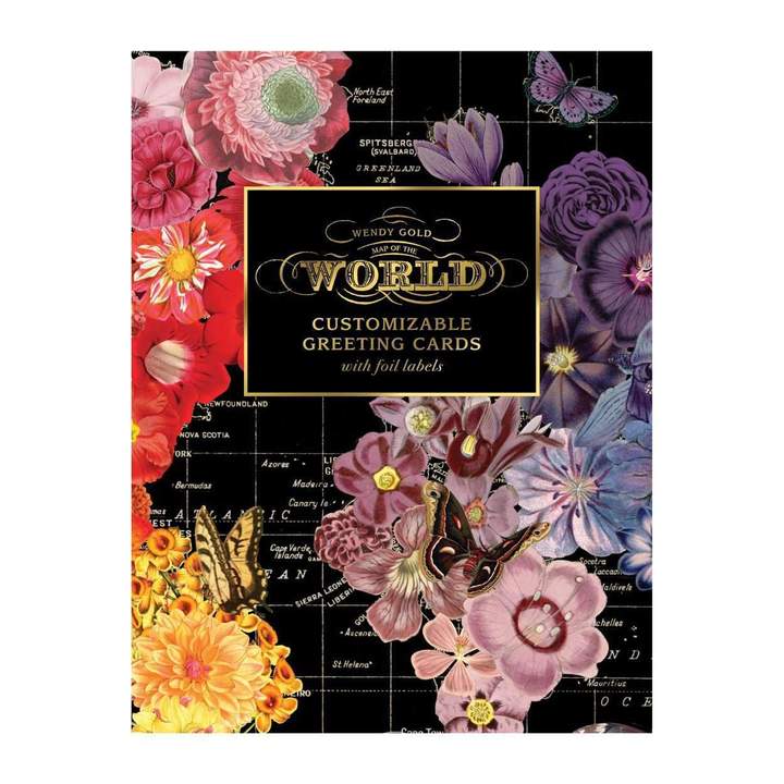 box of note cards with black background and floral map design.