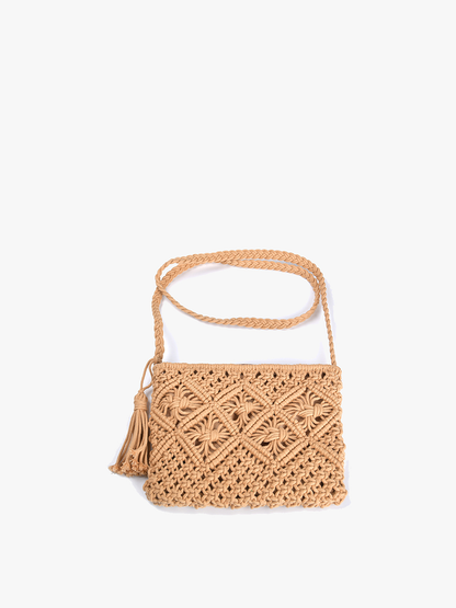 light brown macrame purse on a white background.