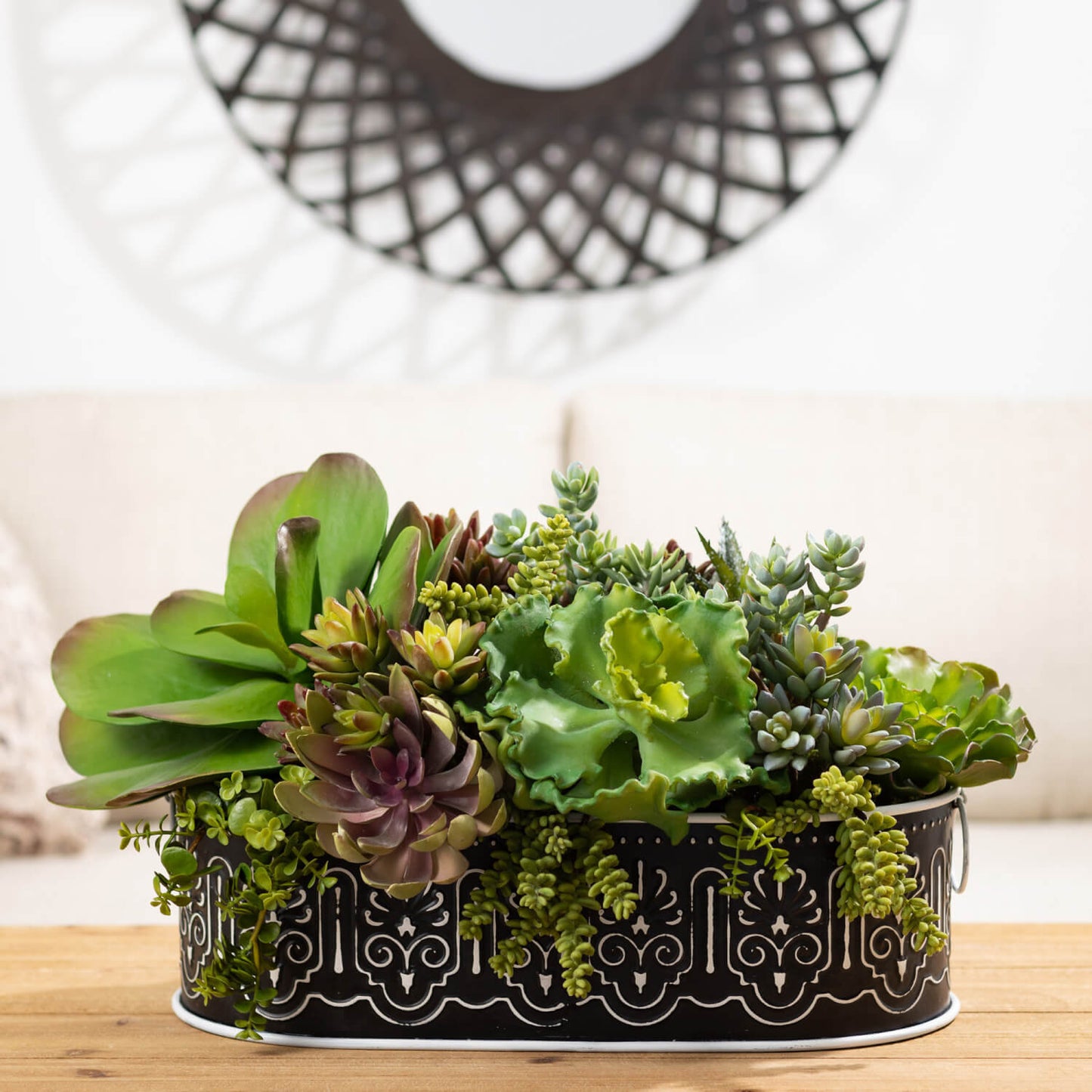 bucket filled with succulents.