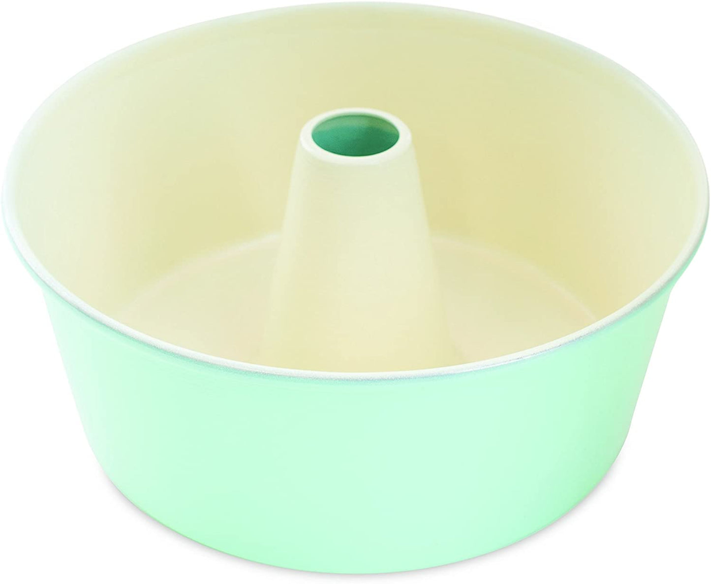 angel food pan with cream interior and mint green exterior.