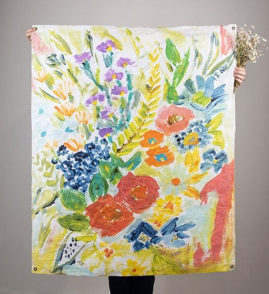 paper printed with abstract wild flowers in b old bright colors.