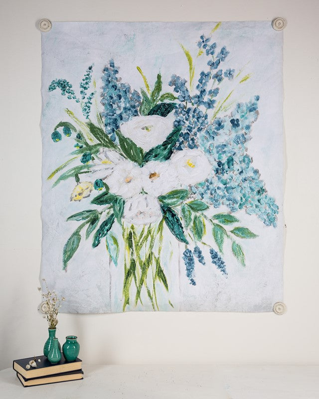 paper printed with vase of blue and white flowers and green leaves.