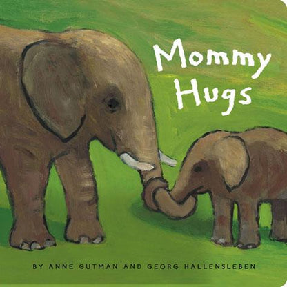 front cover of book with illustration of a mommy and baby elephant in the grass, title, and authors name