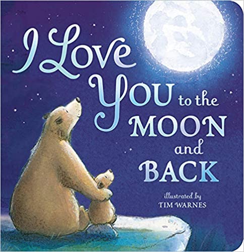 front cover of book has an illustration of a parent bear sitting with cub at night looking up at the moon, title, illustrators name