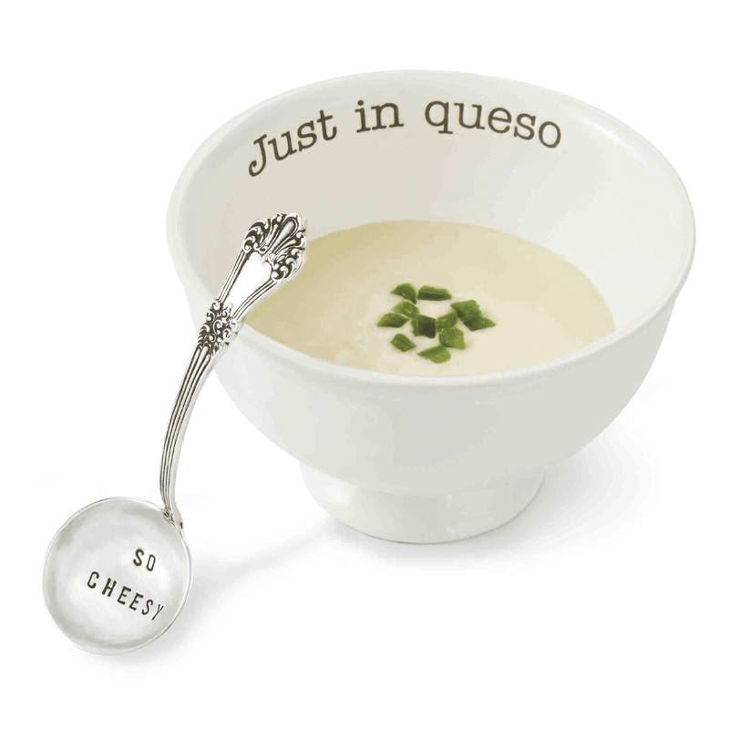 just in queso dip bowl on a white background
