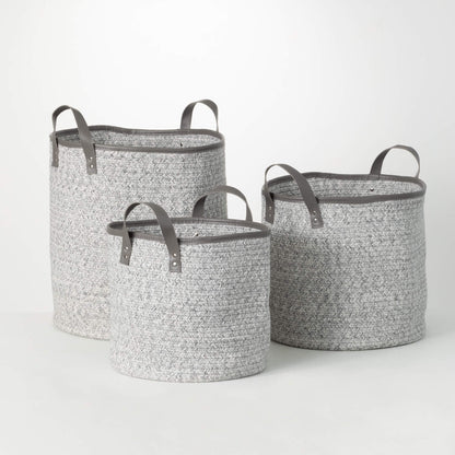 all three styles of dove gray woven textile baskets displayed on a white background