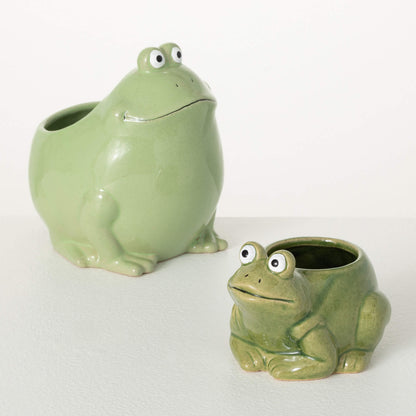 2 sizes of smiling toad planters large is light green, small is a brighter green.