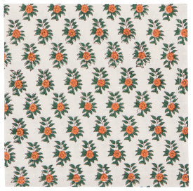 white napkin with orange and green floral print.