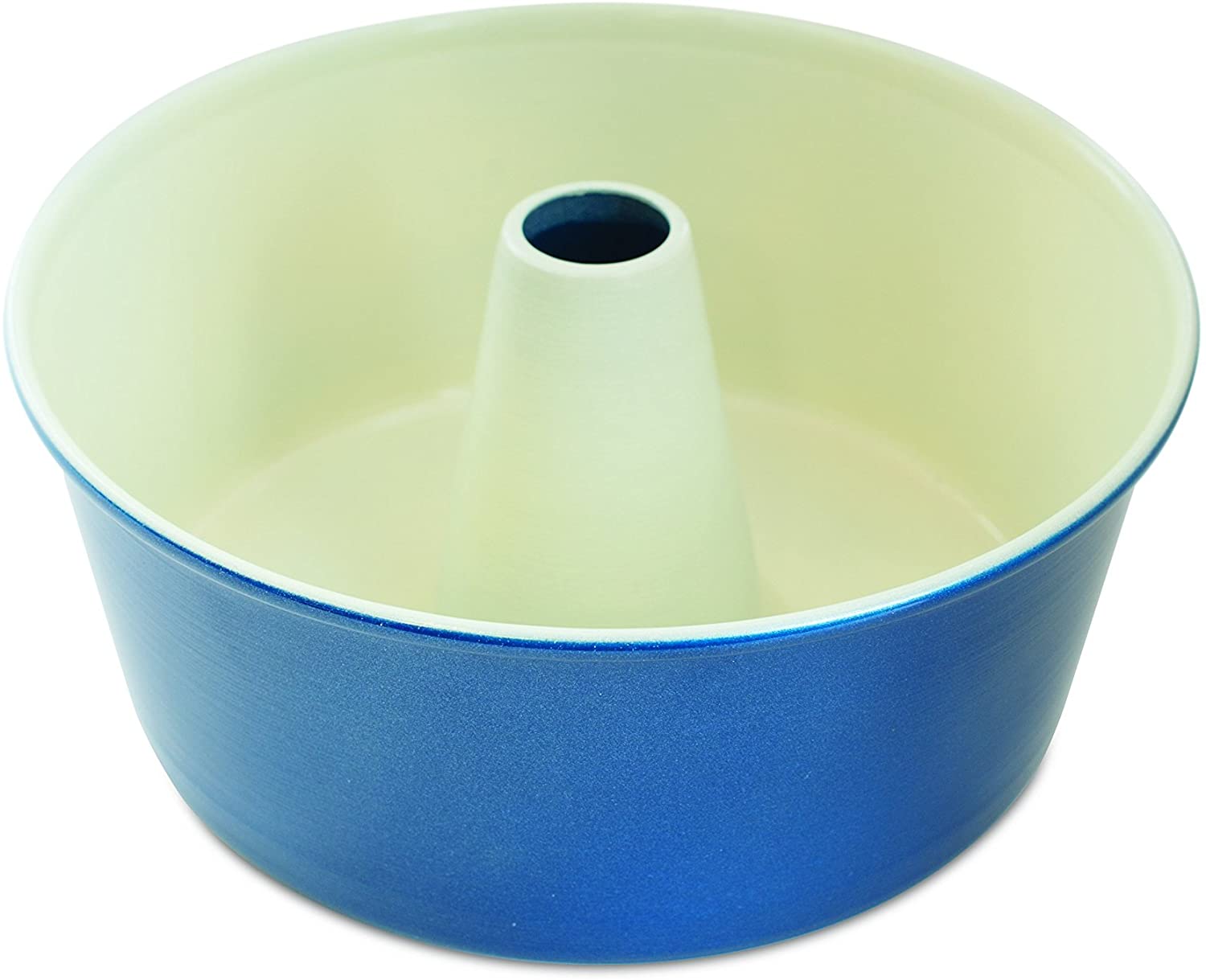 angel food pan with cream interior and  blue exterior.