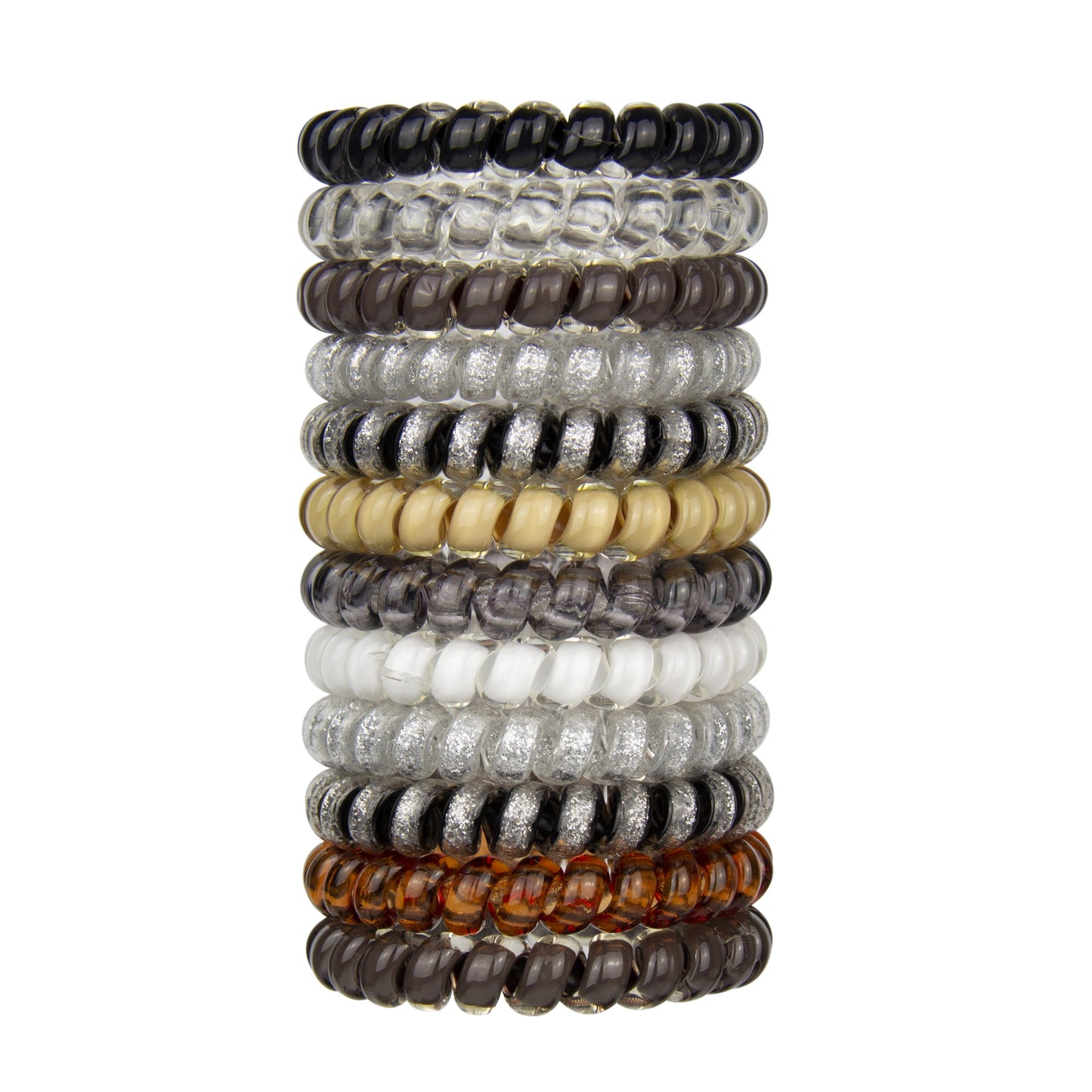 a stack of neutral color small swirlydo hair ties on a white backgound