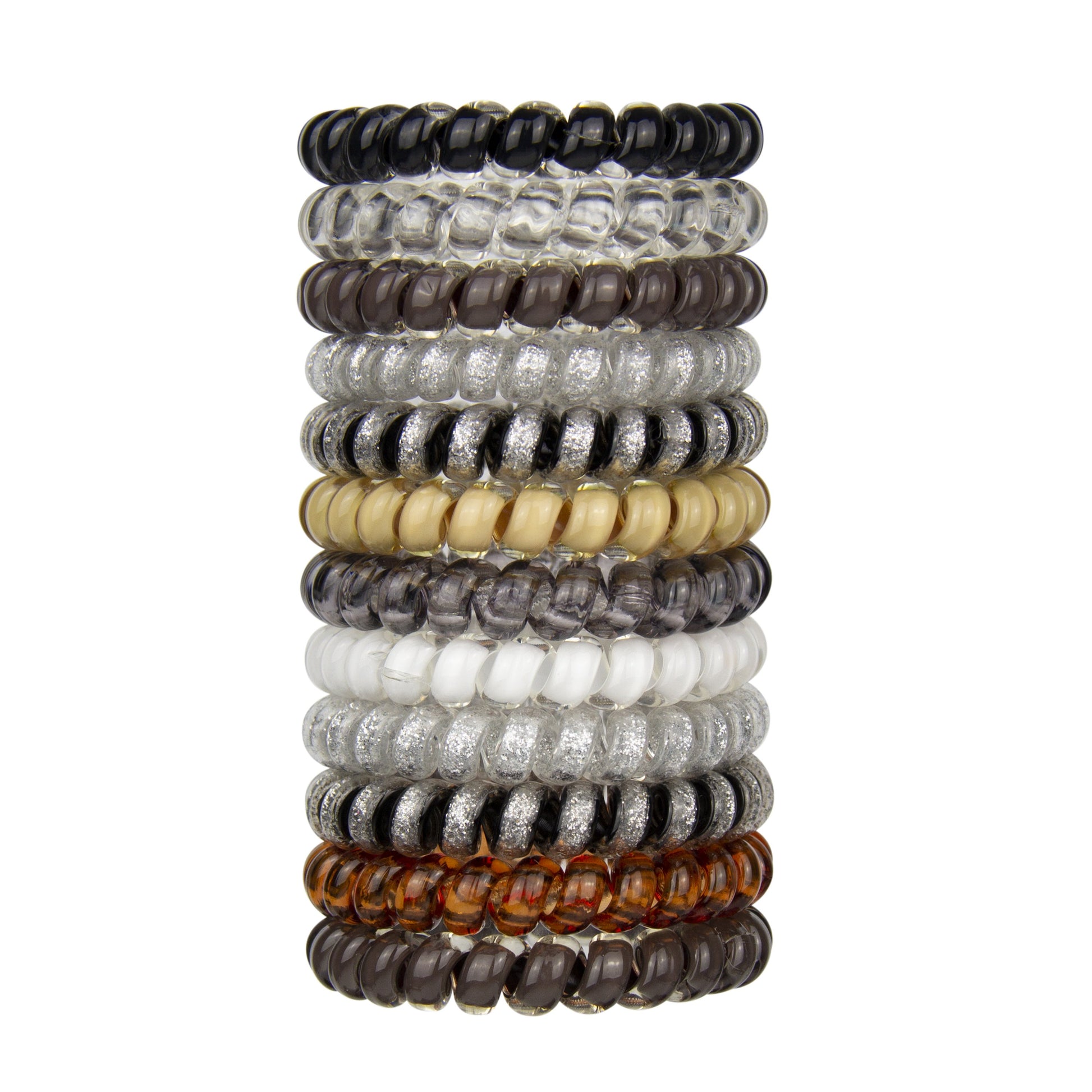 multiple neutral color swirlydo hair ties stacked against a white background