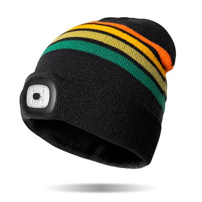 black beanie with green, yellow, and orange stripes and a light in the cuff.
