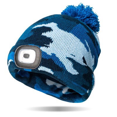 blue camo patterned knit beanie hat with blue pom on top and LED light in the cuff.