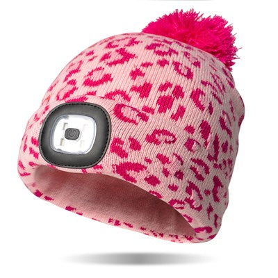 pink cheetah print beanie hat with pink pom on top and LED light in the cuff.