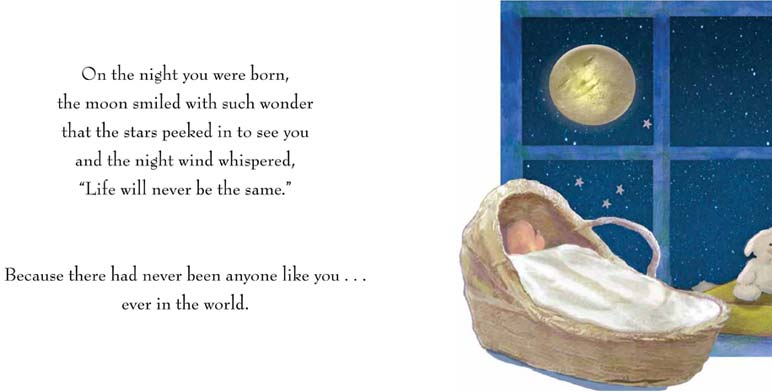 inside view has one page that is white with blue text and the other has a baby sleeping in a basket in a window