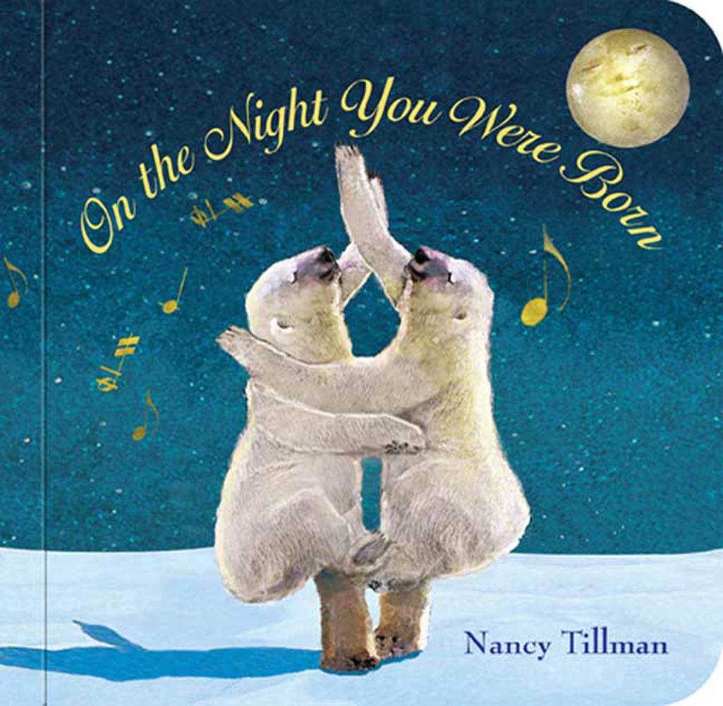 front cover of book has two polar bears dancing under the moon, title in yellow, and author's name
