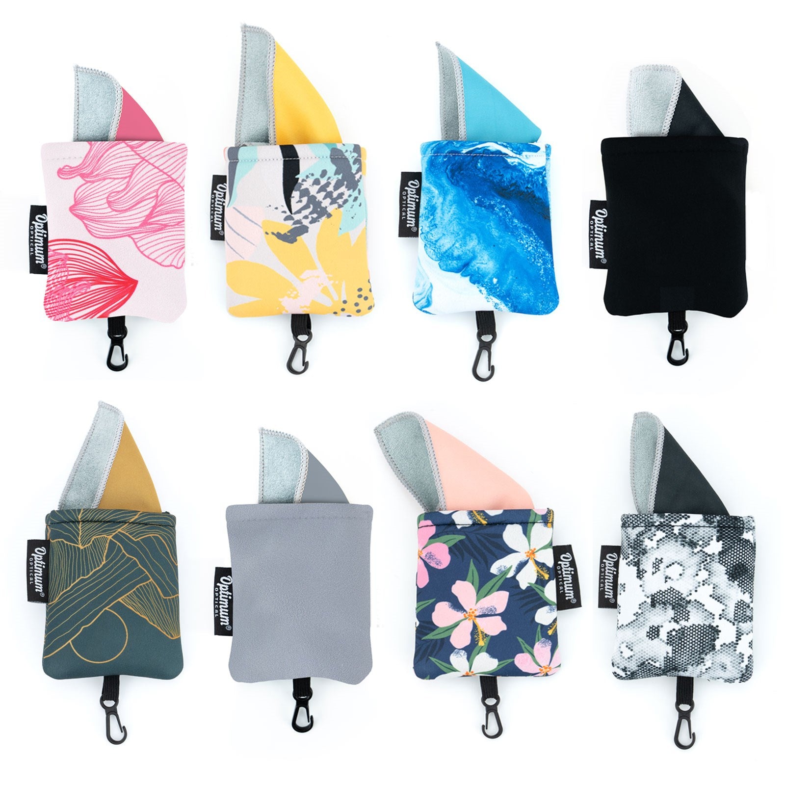 eight different microfiber travel lens cloths displayed on a white background