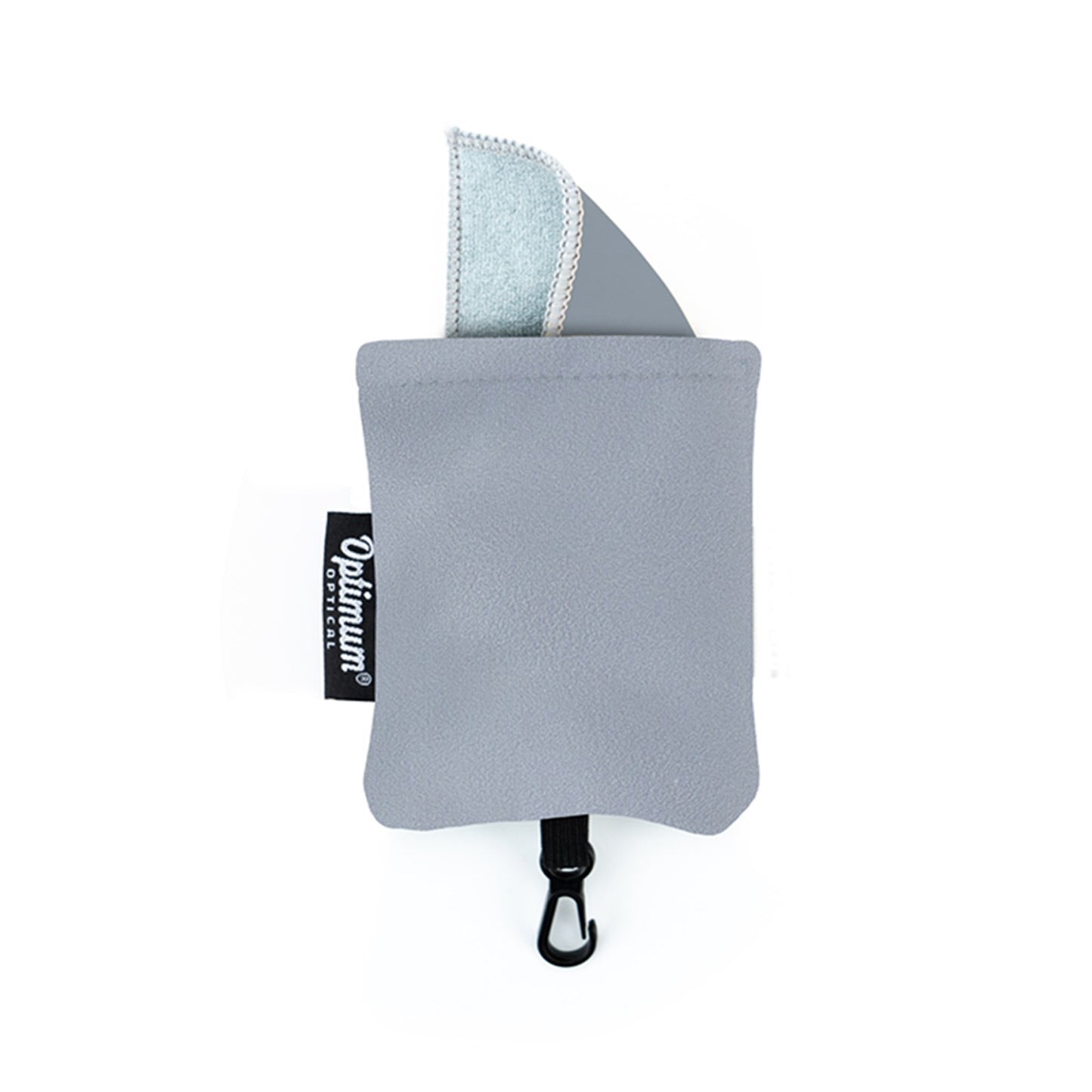 gray microfiber travel lens cloth on a white background