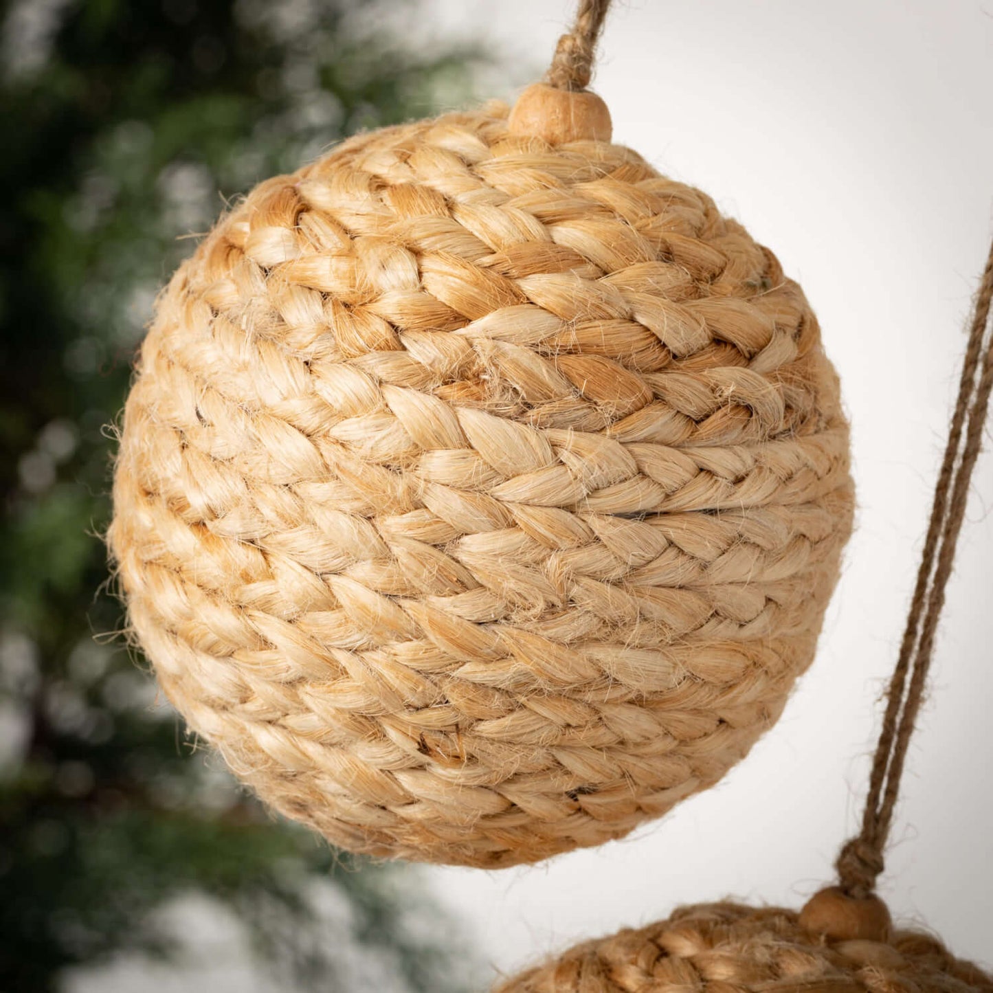 close-up of woven jute ball ornament.