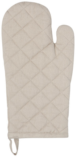 light taupe colored oven mitt on white background.