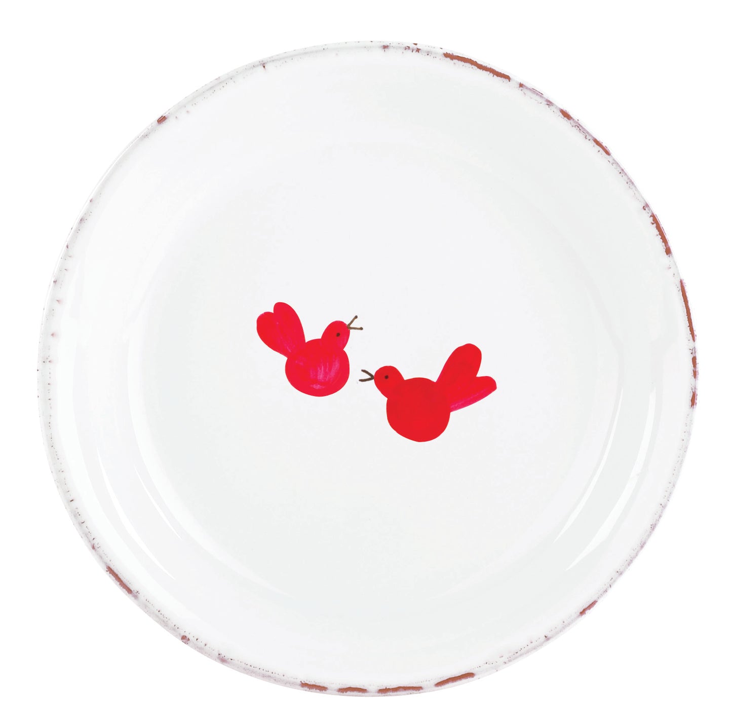 whote plate with two red birds in center on white background.