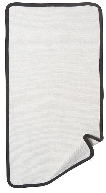 large white oven towel with black binding.
