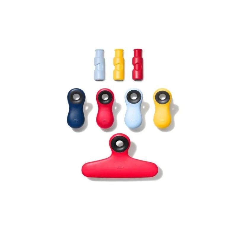 8 piece clip set in red, blue, and yellow on a white background.