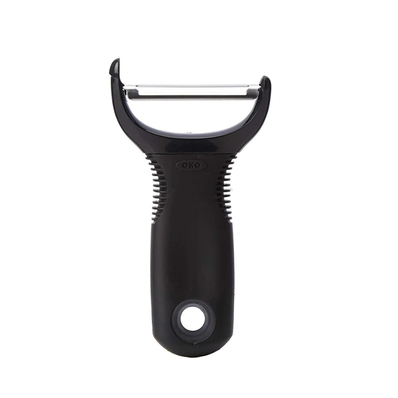 peeler with black handle and Y shaped design.