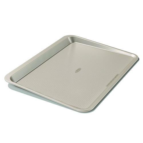 baking sheet with raised rim on one side.