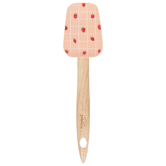 large pink spoonula with white check pattern and scattered strawberry graphics on it.