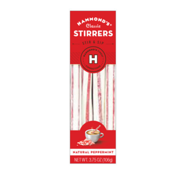 box packaging of peppermint stirrers on a white backgorund.