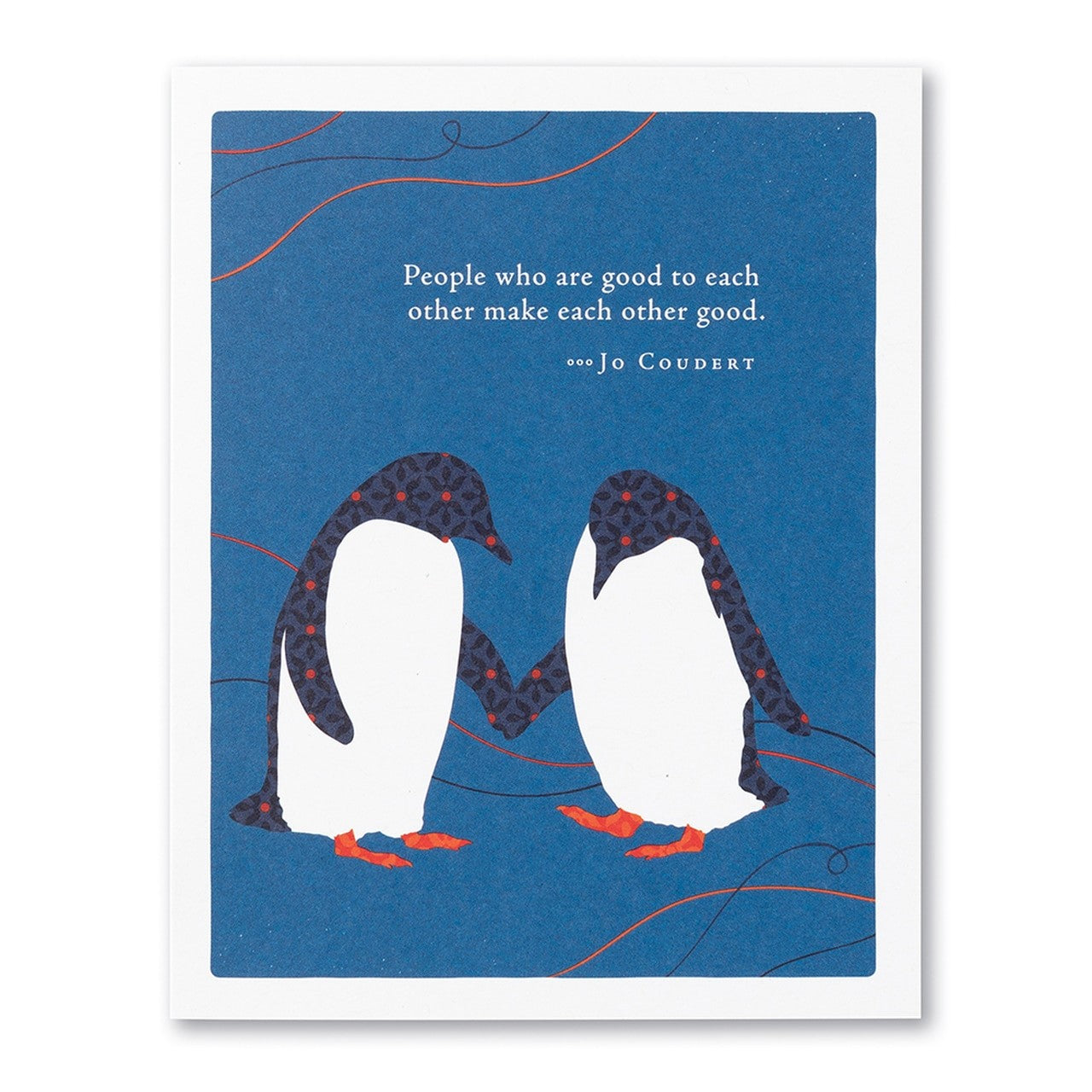 front of card is blue with two penguins and white text listed in the description 
