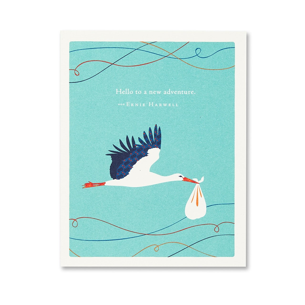 front of card is a stork carrying a cloth sack and text
